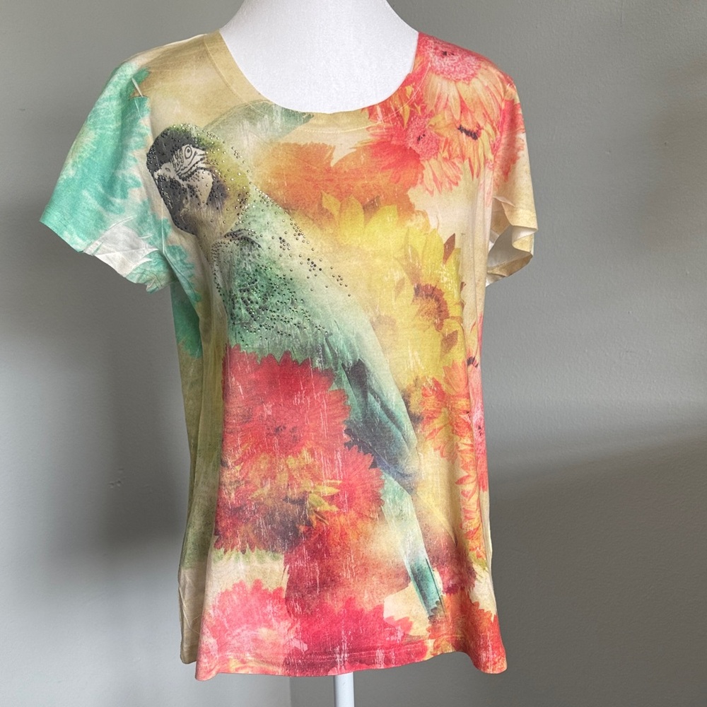 Chico's 1 Multicolor Parrot Print Short Sleeve Top